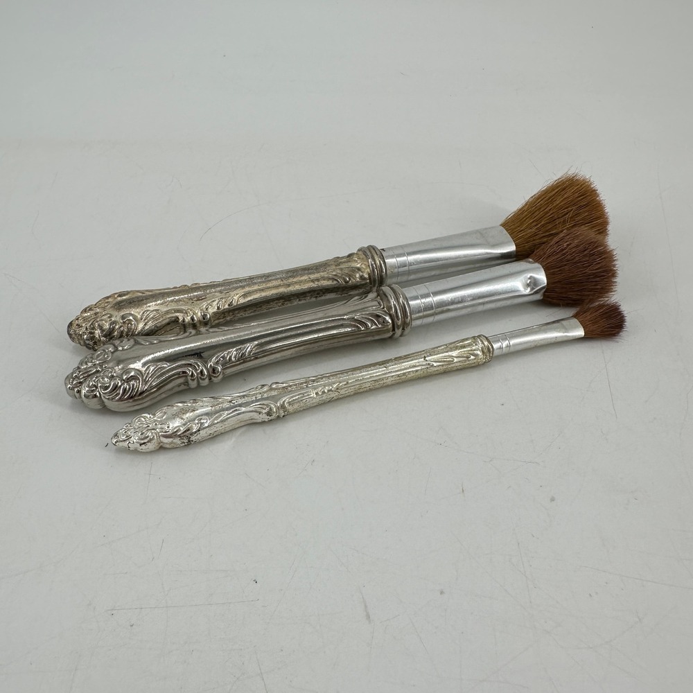 Vintage Ornate Silver Tone Repousse Makeup Brush Set of 3 Floral Scroll Vanity